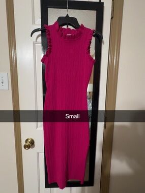 Sleeveless Ruffled Mock Neck Midi Dress - Hot Pink